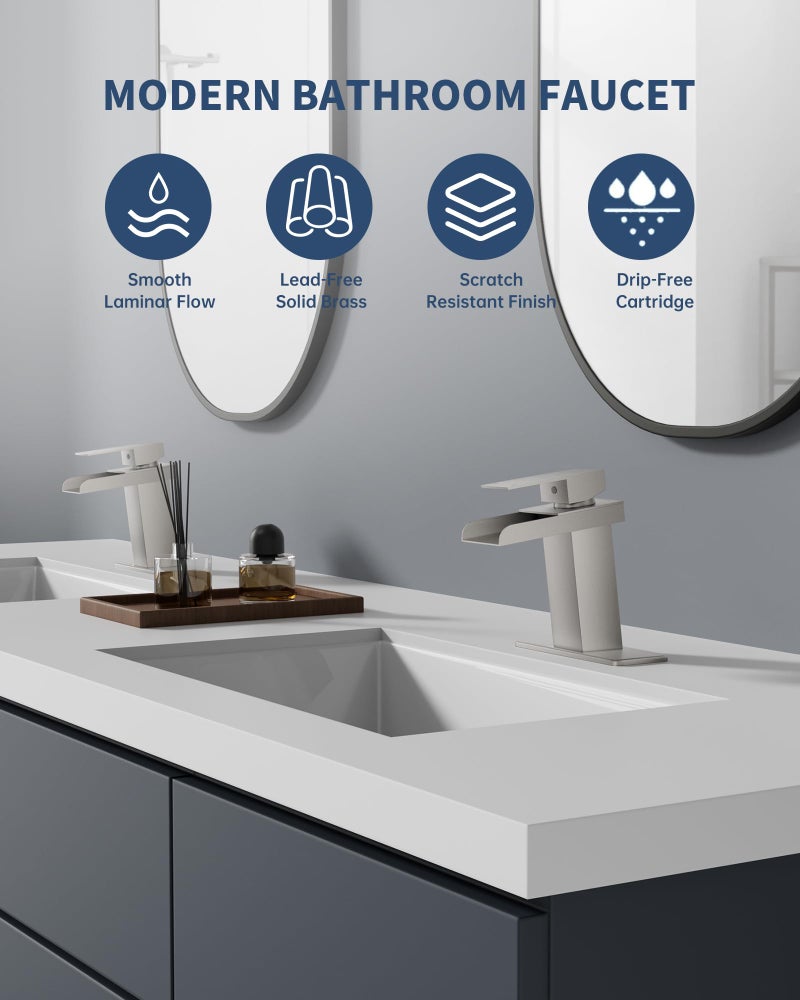 BATHLAVISH Waterfall Bathroom Faucet, Brushed Nickel Modern Single Handle Bathroom Faucets for 1 or 3 Hole Bathroom Sink Faucet Washbasin Faucet Mixer Tap with Deck and Pop-up Drain - Image 3